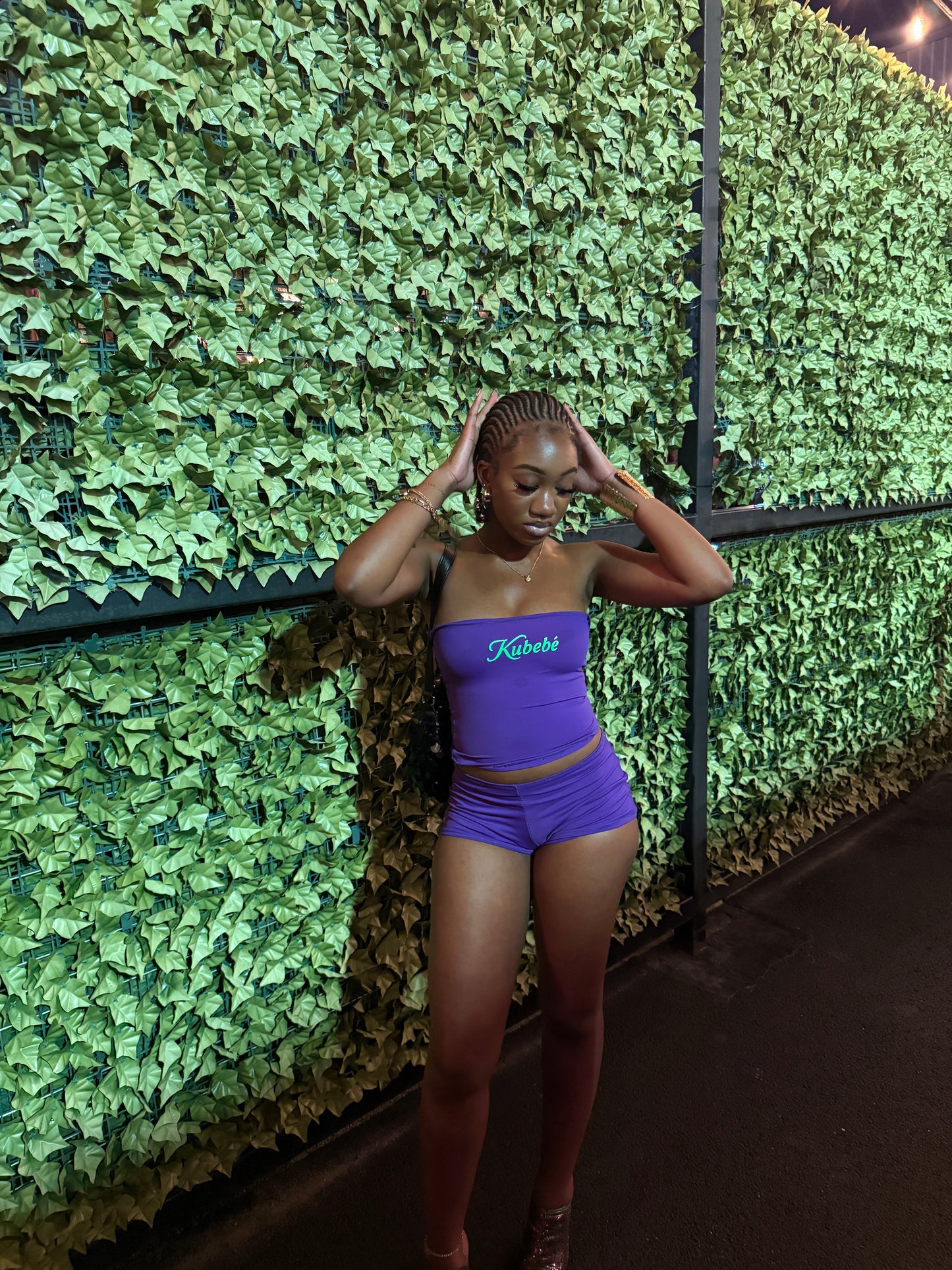 Purple Reign two-piece set – handmade bandeau top and shorts, luxe stretch fabric.