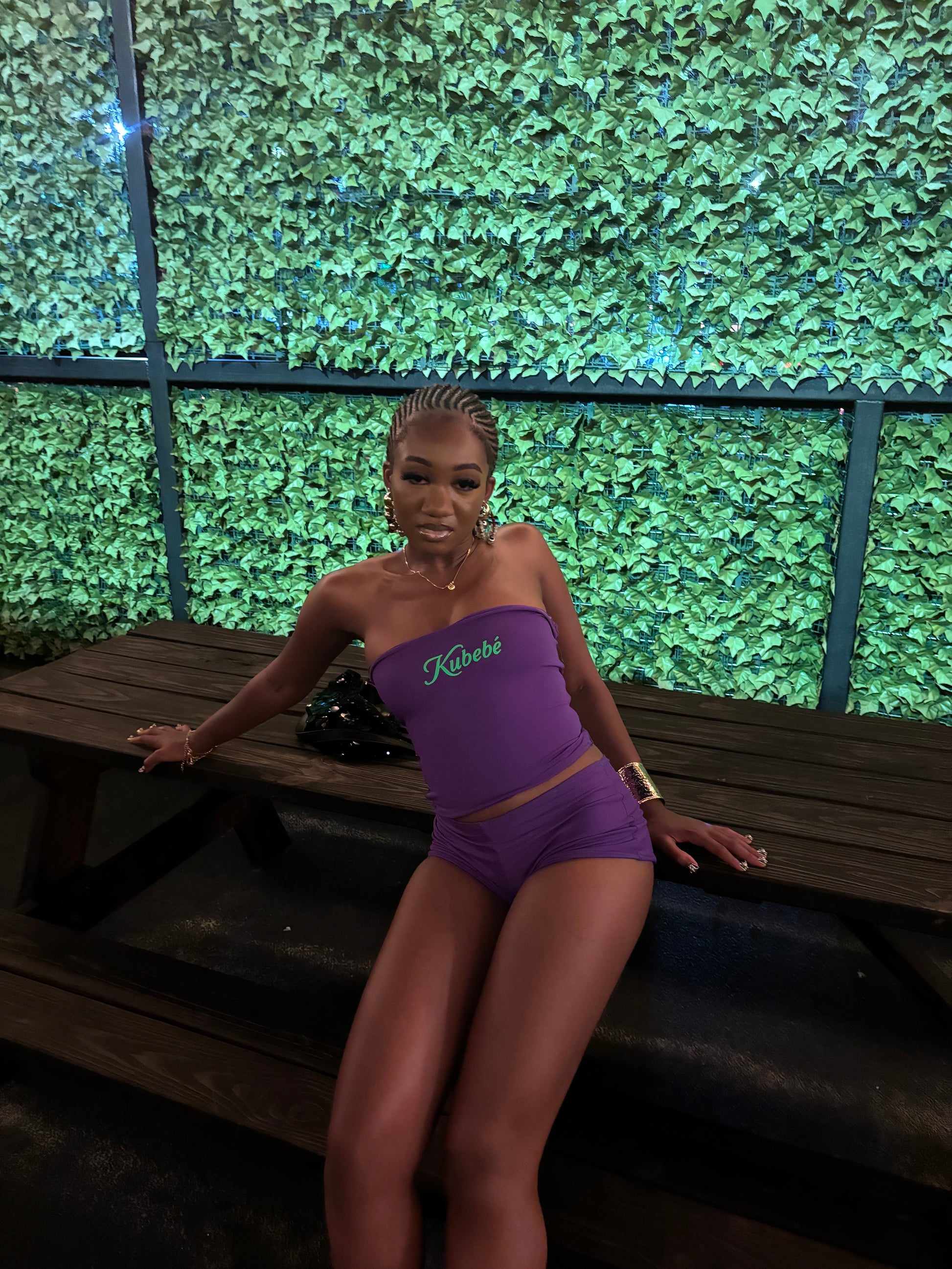 Purple Reign two-piece set – handmade bandeau top and shorts, luxe stretch fabric.